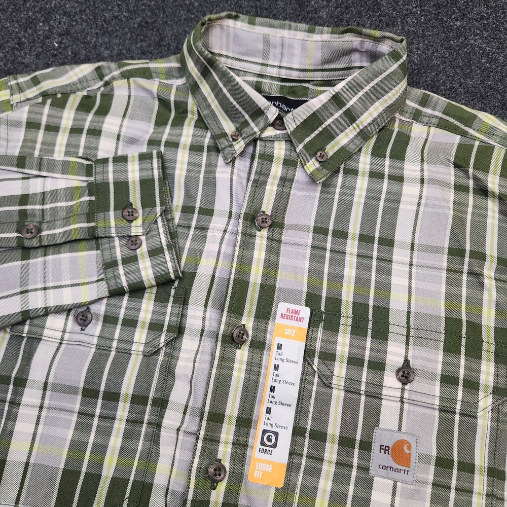 Carhartt FR Men Medium Tall Green Plaid Flame Resistant Rugged Flex Button Shirt